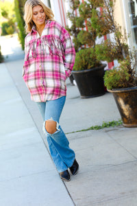 Magenta Plaid Fringe Button Down Shacket