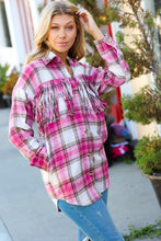 Load image into Gallery viewer, Magenta Plaid Fringe Button Down Shacket
