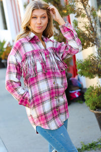 Magenta Plaid Fringe Button Down Shacket