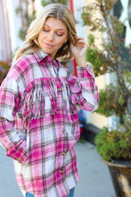 Load image into Gallery viewer, Magenta Plaid Fringe Button Down Shacket
