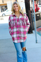 Load image into Gallery viewer, Magenta Plaid Fringe Button Down Shacket
