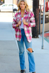 Magenta Plaid Fringe Button Down Shacket