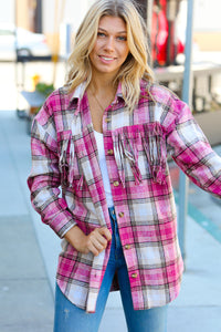 Magenta Plaid Fringe Button Down Shacket