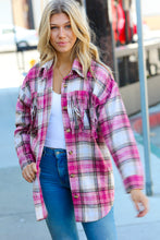 Load image into Gallery viewer, Magenta Plaid Fringe Button Down Shacket
