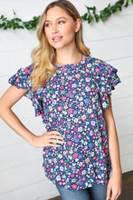 Load image into Gallery viewer, Navy Floral Mock Neck Flutter Sleeve Top
