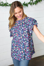 Load image into Gallery viewer, Navy Floral Mock Neck Flutter Sleeve Top
