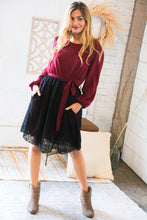 Load image into Gallery viewer, Maroon &amp; Black Lace Overlay Sash Tie Dress
