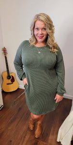 Vintage Olive Ribbed Dress