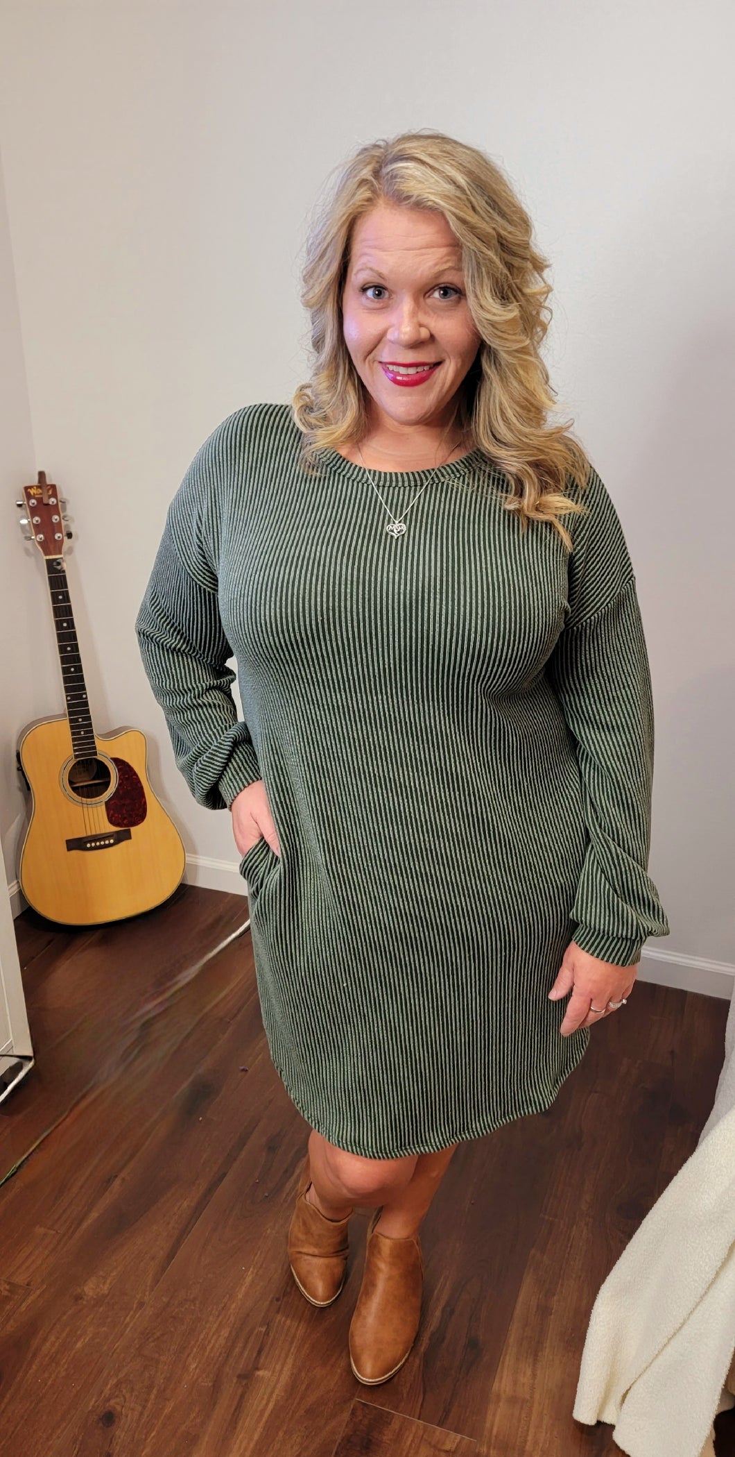 Vintage Olive Ribbed Dress