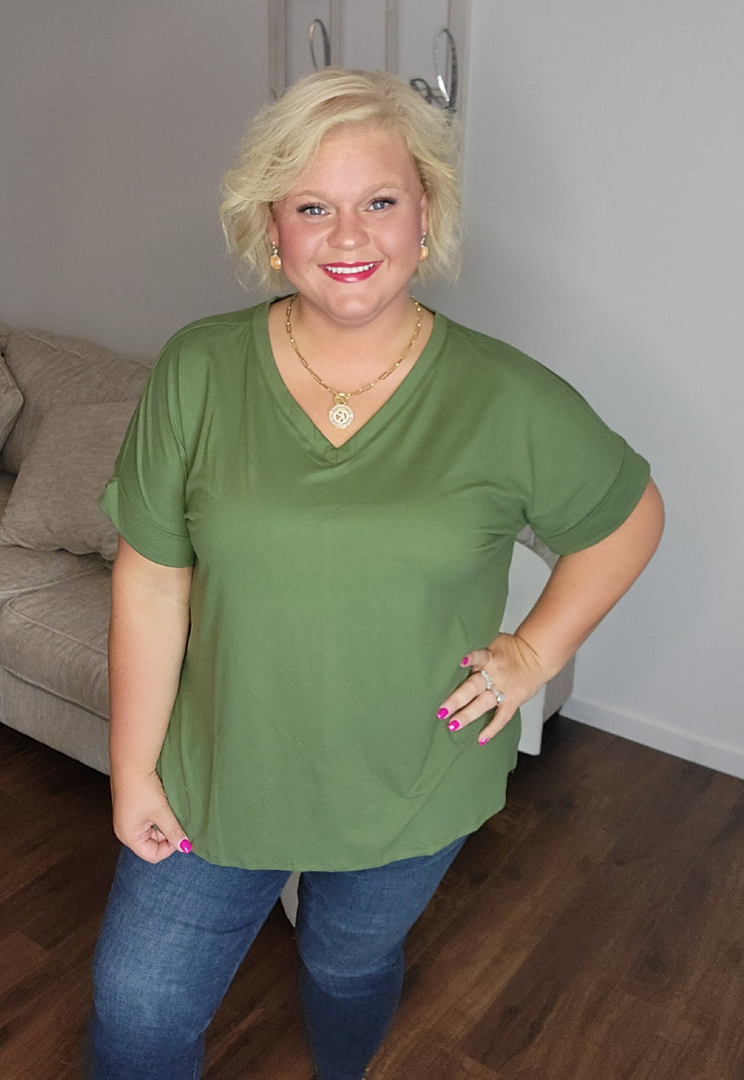 Light Olive Rolled Sleeve Top