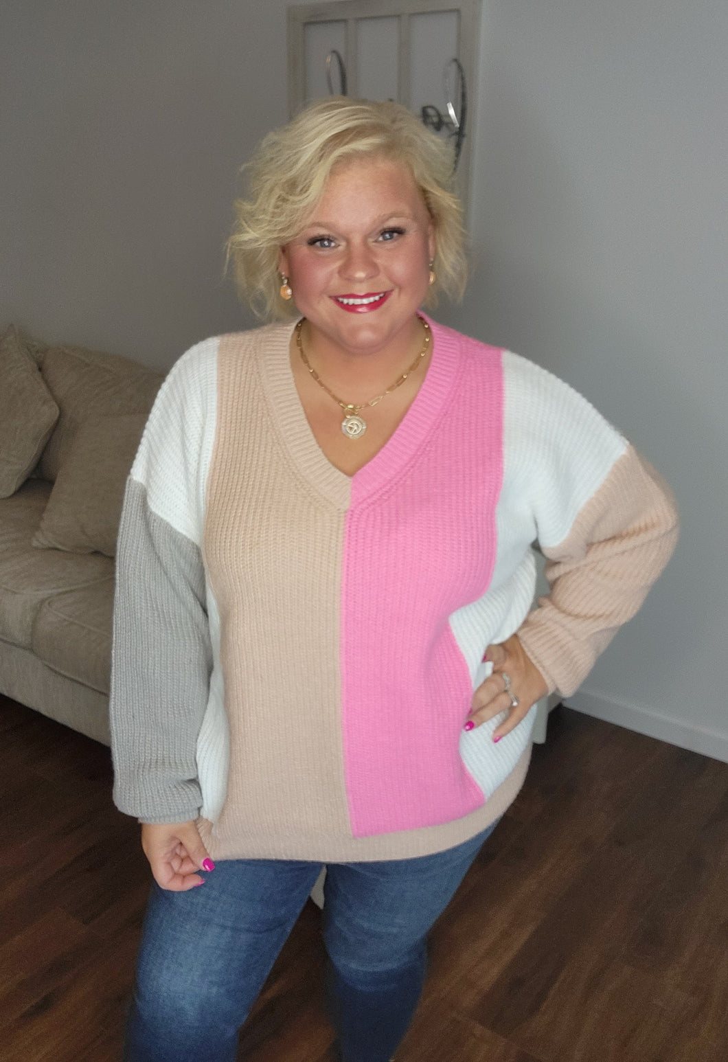 Pink & Neutral Color Block Sweater