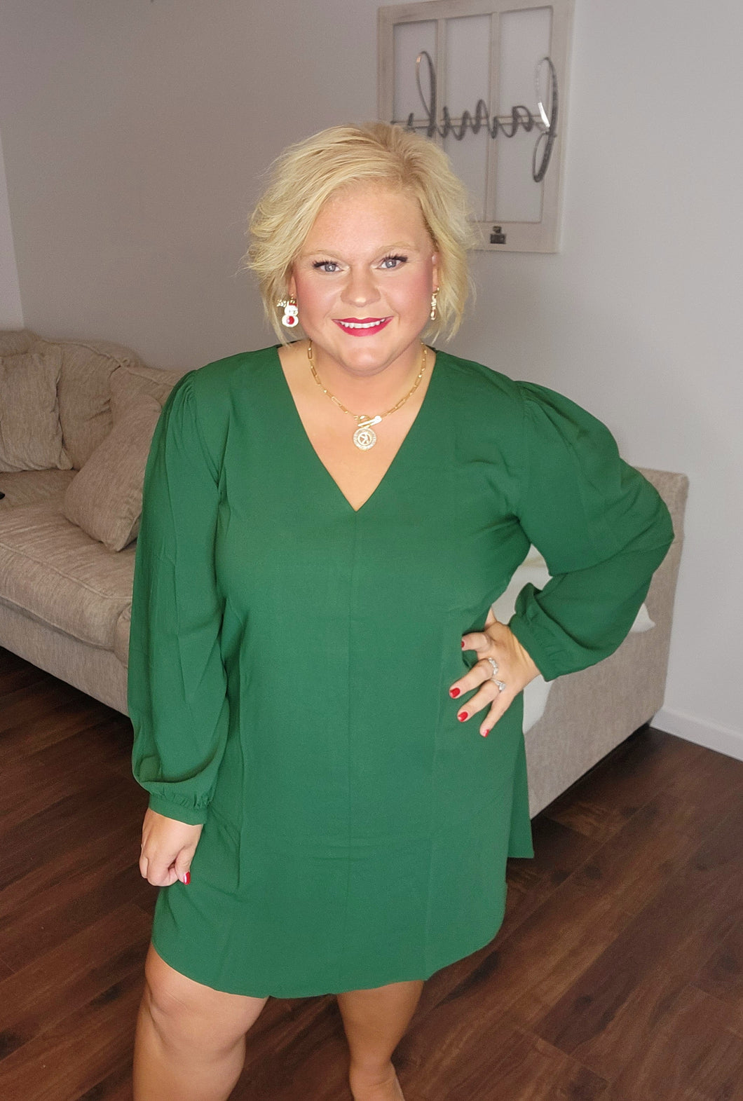 Evergreen Ballon Sleeve Dress