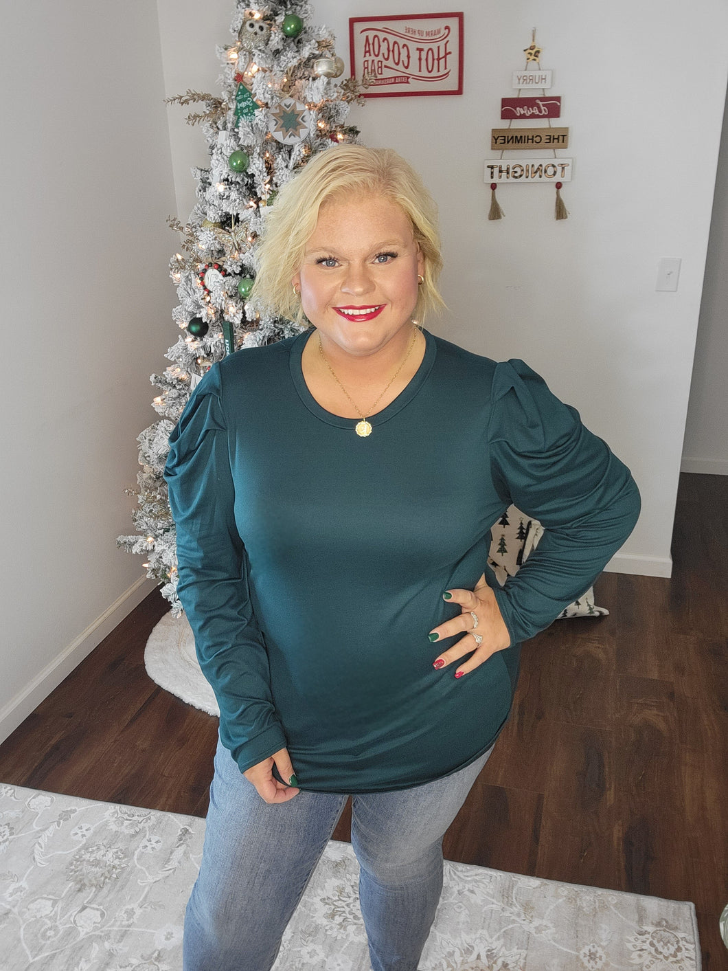 Hunter Green Ruffle Sleeved Top