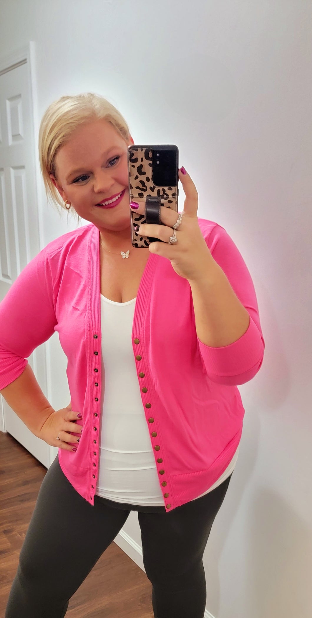 Hot Pink Snap Three Quarter Cardigan