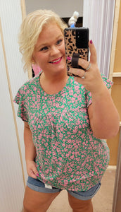 Green & Pink Floral Soft Blouse