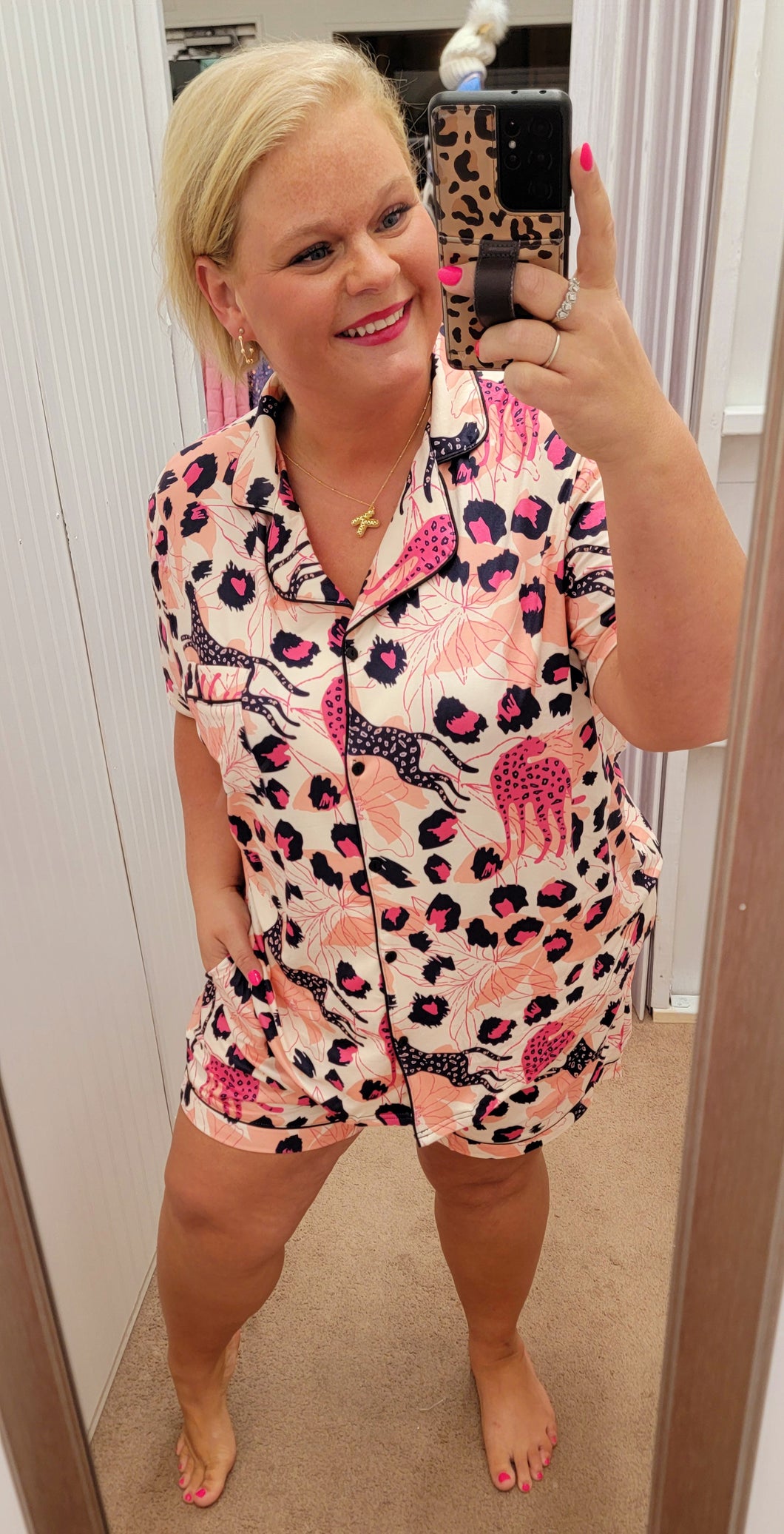 Pink & Navy Leopard Button Down Short PJs