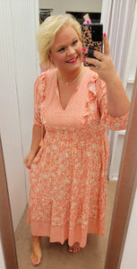 Apricot Floral Midi Dress