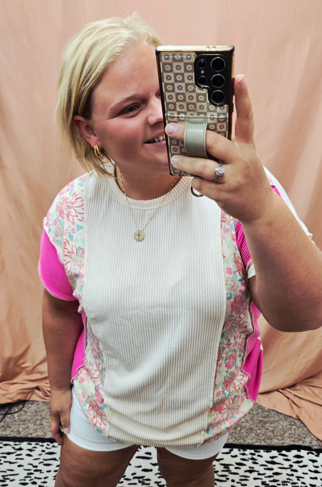 Oatmeal Floral Color Block Top