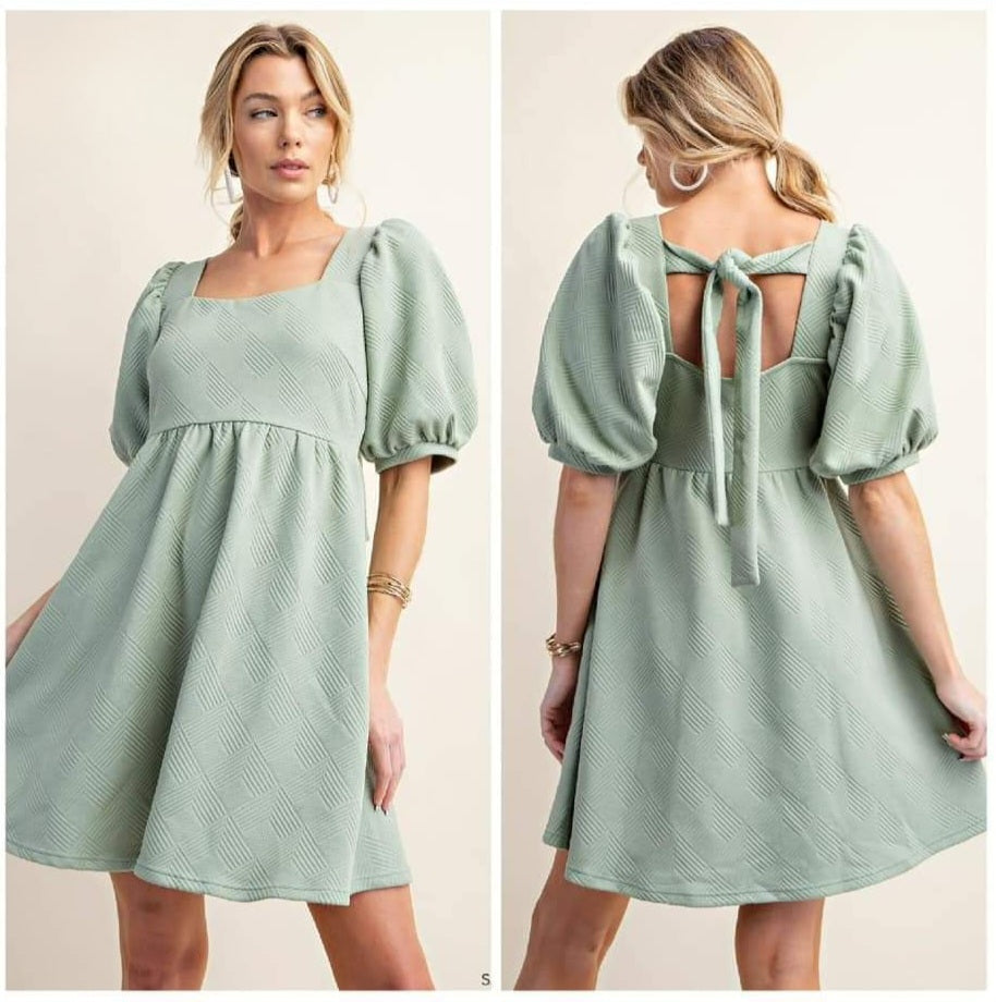 Sage Jacquard Puff Sleeve Dress