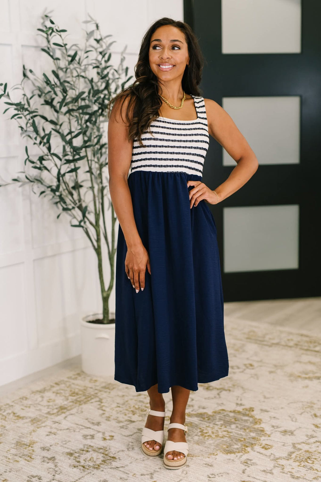 Navy Stripe Fit & Flare Midi