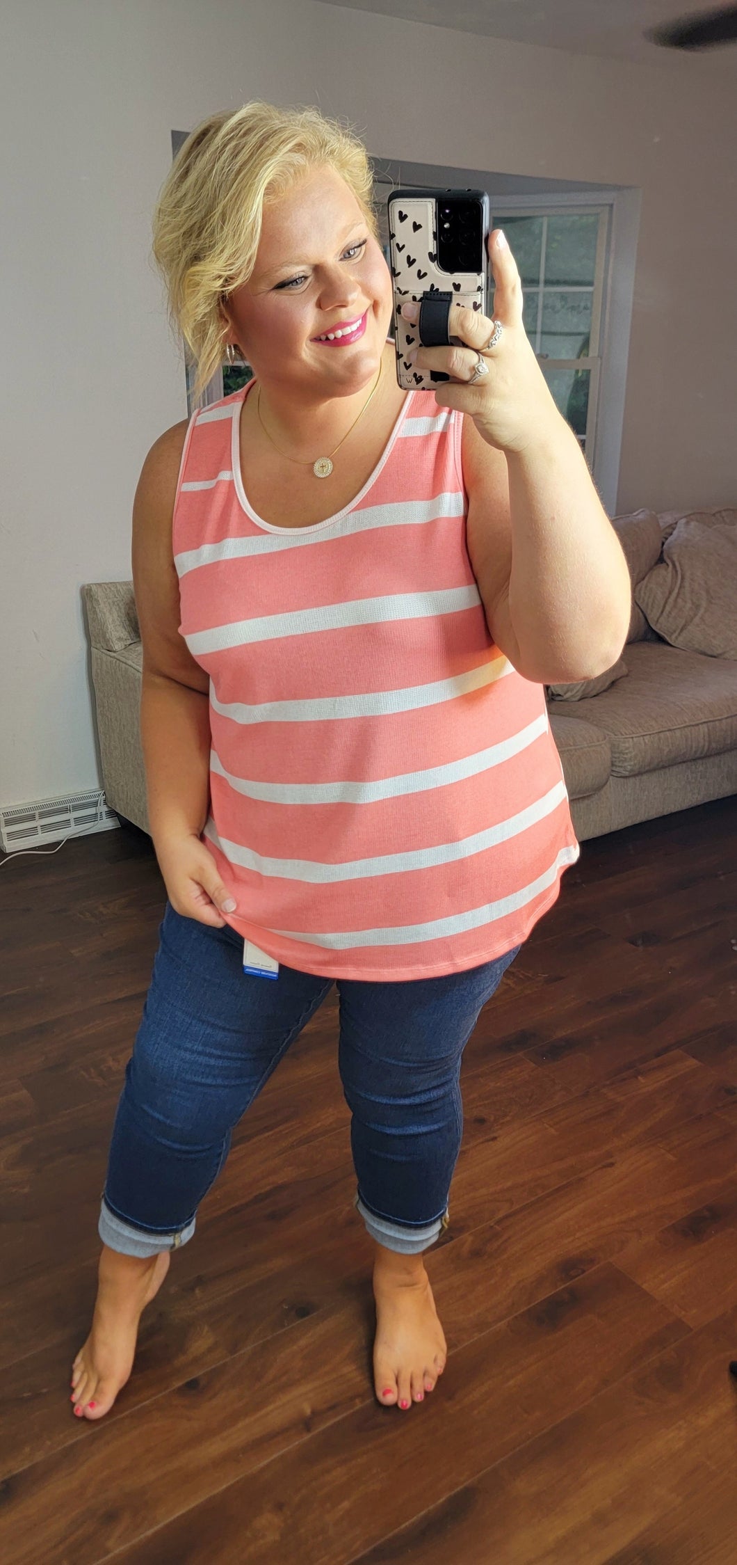 Coral Stripe Round Neck Tank