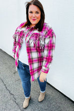 Load image into Gallery viewer, Magenta Plaid Fringe Button Down Shacket
