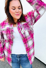 Load image into Gallery viewer, Magenta Plaid Fringe Button Down Shacket
